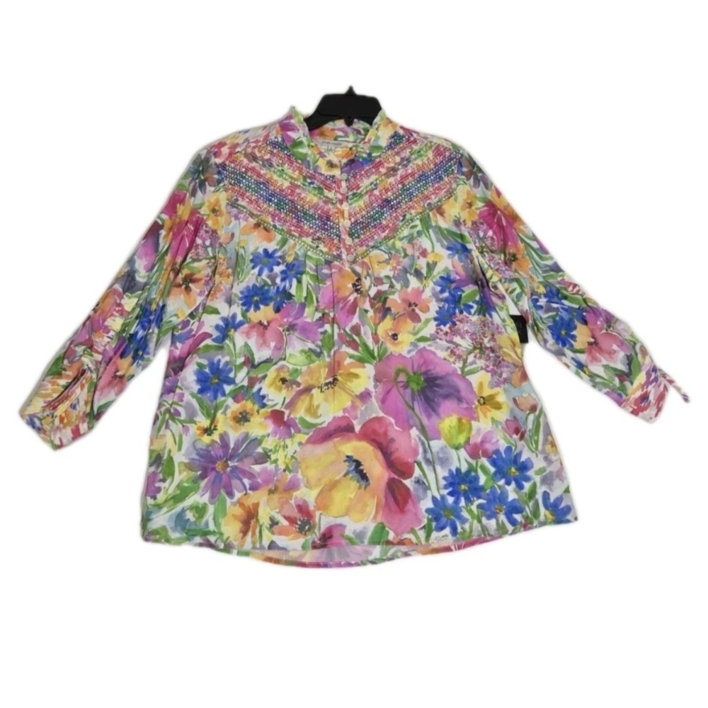 John Mark Multicolor Floral Smocked Yoke Blouse - Pink, Yellow, Blue, Green